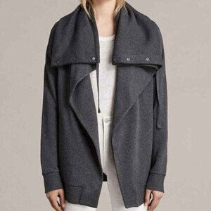 All Saints SweatShirt Womens Small Gray Brooke Jacket Shawl Snap Cowl Open Front